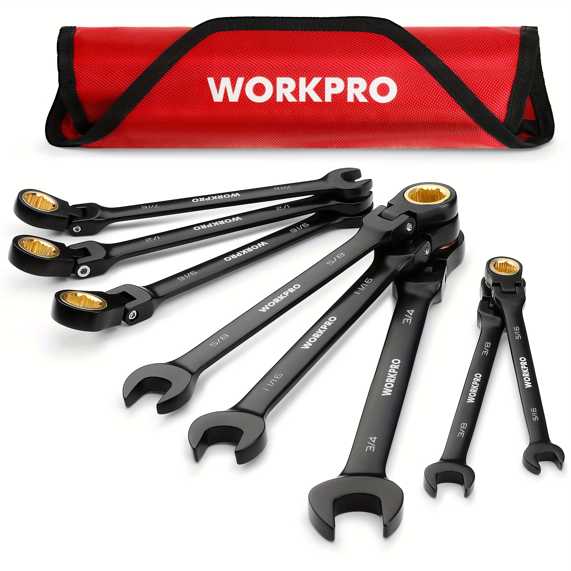 

Workpro Ratcheting Combination Wrench Set, 8-piece Flex-head Anti-slip Set Sae 5/16-3/4 Inch, 72-teeth, Constructed, Black Electrophoretic Coating With Rolling Pouch