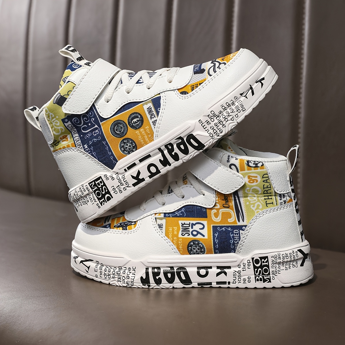 Youngsters' Comfortable Mid-Top Sneakers with Closure, Colorful Random Print Design, Breathable PU/Fabric Upper & EVA Cushioned Sole - All-Season Casual Shoes for Boys & Girls, School, Outdoor Play & Daily Activities, Kid Shoes, School Footwear, Stylish Stitching Details, Fabric Lined Interior