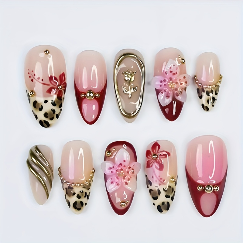 E-shop Mittelgroße Mandelform Press-on-Nägel, Französische Leopard-Print-Nägel, 3D-Blumen, kleine Stahlkugeln, golden gestreiftes Rosen-Design,