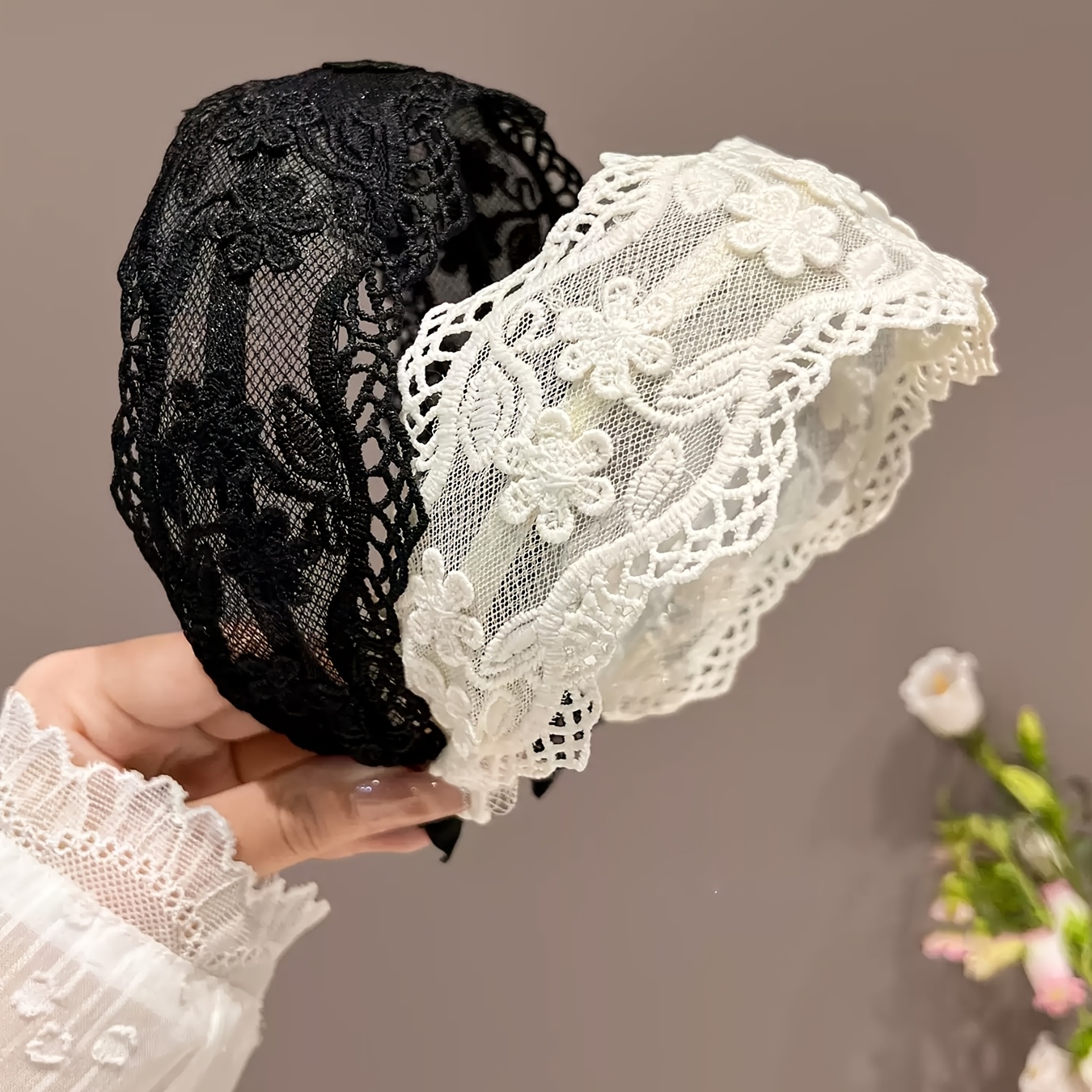 TEMU 2pcs Women's Floral Lace Headbands, White And Black Hair Hoops, Sweet And Cute Bohemian Style Fashion Hair Accessories