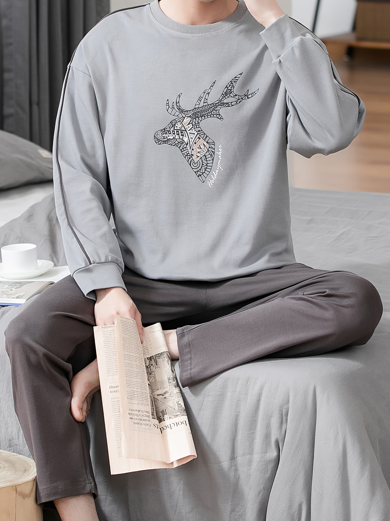 Men's 100% Cotton Sleepwear Set - Casual Spring/Fall Pajama Sets with Crew Neck, Long Sleeve, Pocket Detail, Loose Fit Knit Fabric - Comfy Solid Color Loungewear