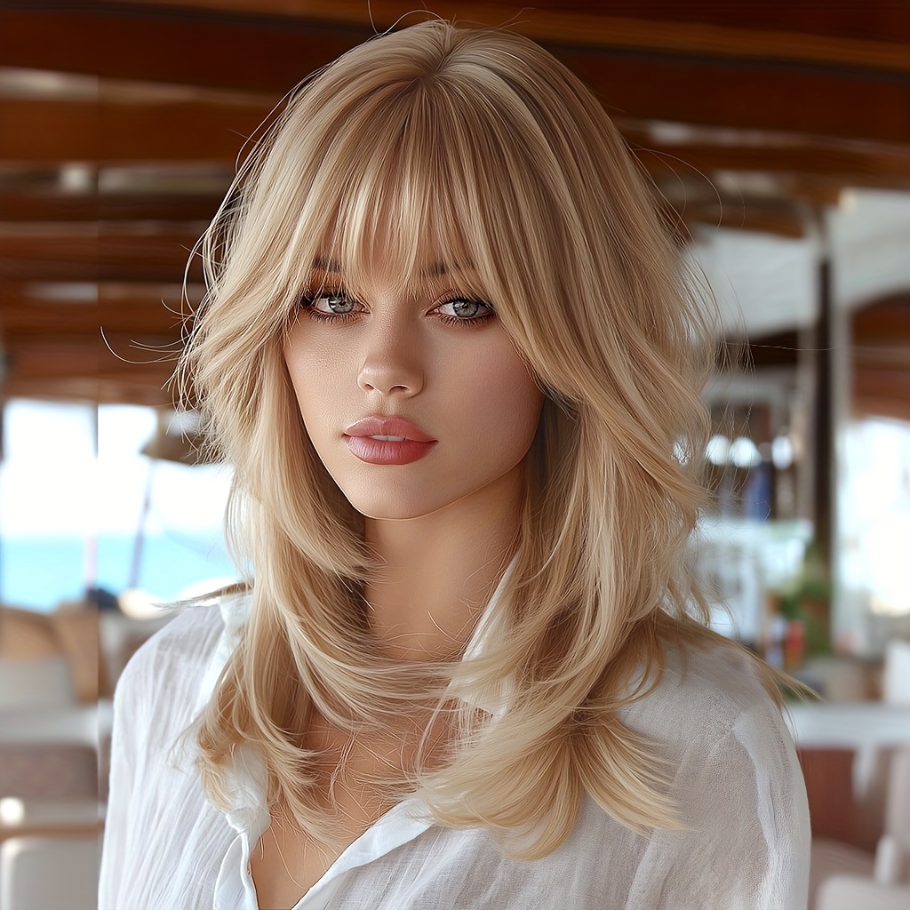 Image of A Short Layered Synthetic Wig With Golden Blunt Bangs, Designed For Women. This High-temperature Fiber Hairpiece Is Perfect For Casual , , Vacations, Christmas, And Valentine's Day, Enhancing Women's