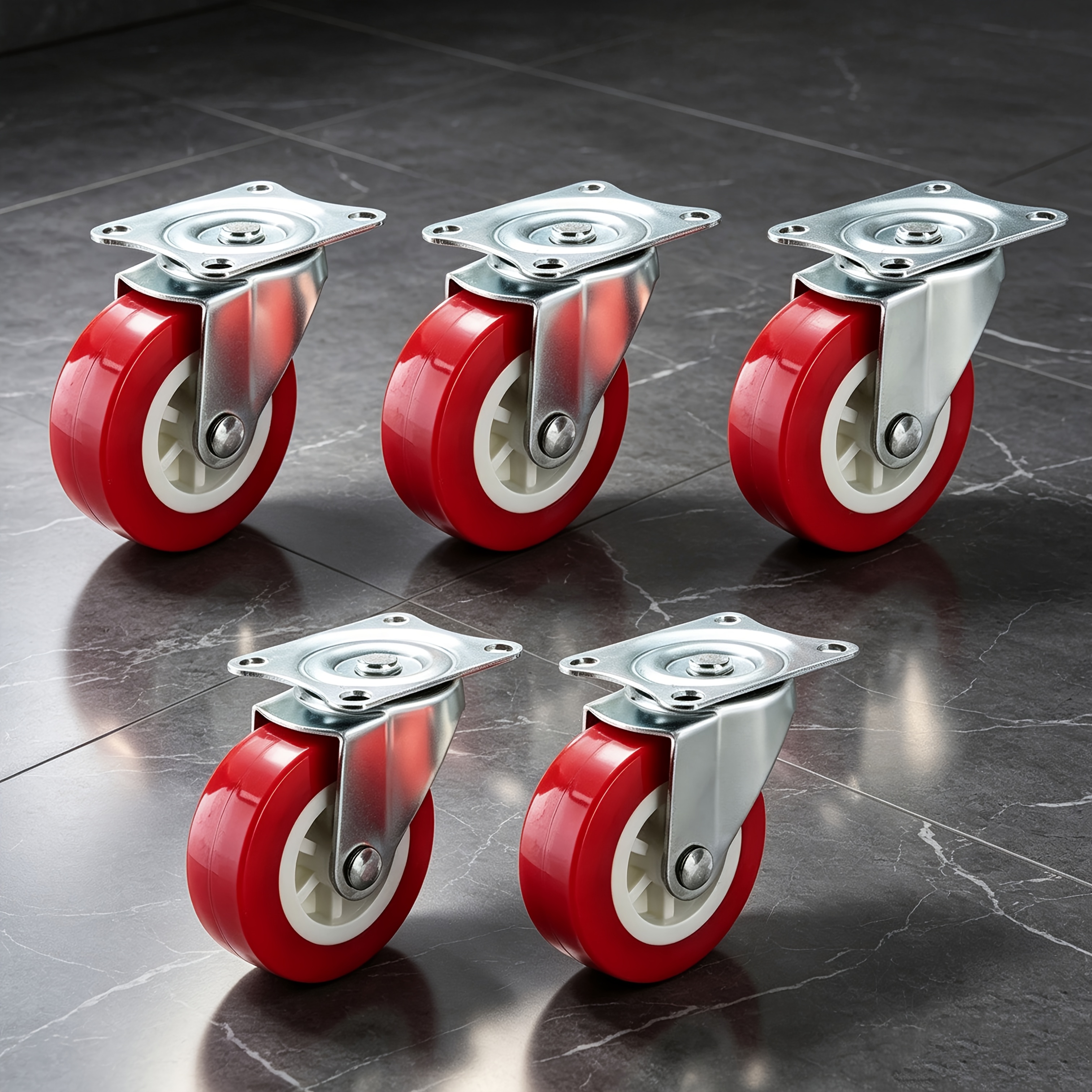 TEMU 5pcs Heavy-duty Stainless Steel Swivel Casters With Red Polyurethane Tires - , Ideal For Furniture And Industrial Applications, Industrial