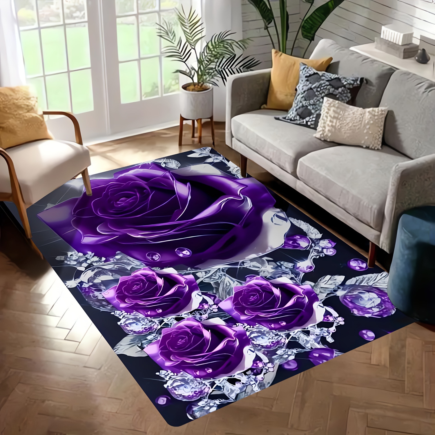 TEMU A Design Pattern Of Elegant Purple Roses For A Living Room Area Rug, Soft And Comfortable, Suitable For , Game Rooms, Living Rooms, Studies, And