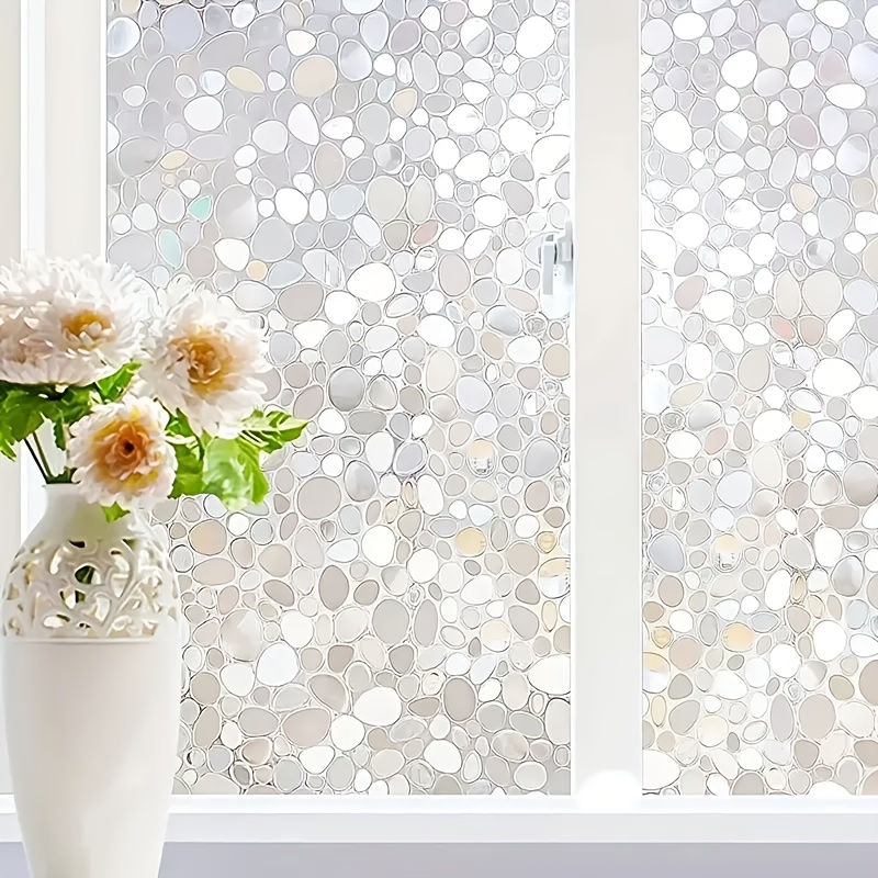 E-shop Vintage Blumen 3D Gemaltes Glasfensterfolie mit Kieselsteinen, PVC-Material, Elektrostatische Haftung, Schutz- und Wärmeisolierende