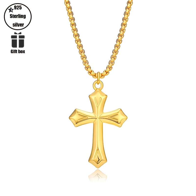 Image of Fashionable And Simple Men Cross Necklace, Men 925 Silvery Plated Chain, Cross Necklace, , Hypoallergenic, Luxury , For , Christmas Valentine's Day, Exquisite Gift Box Packaging