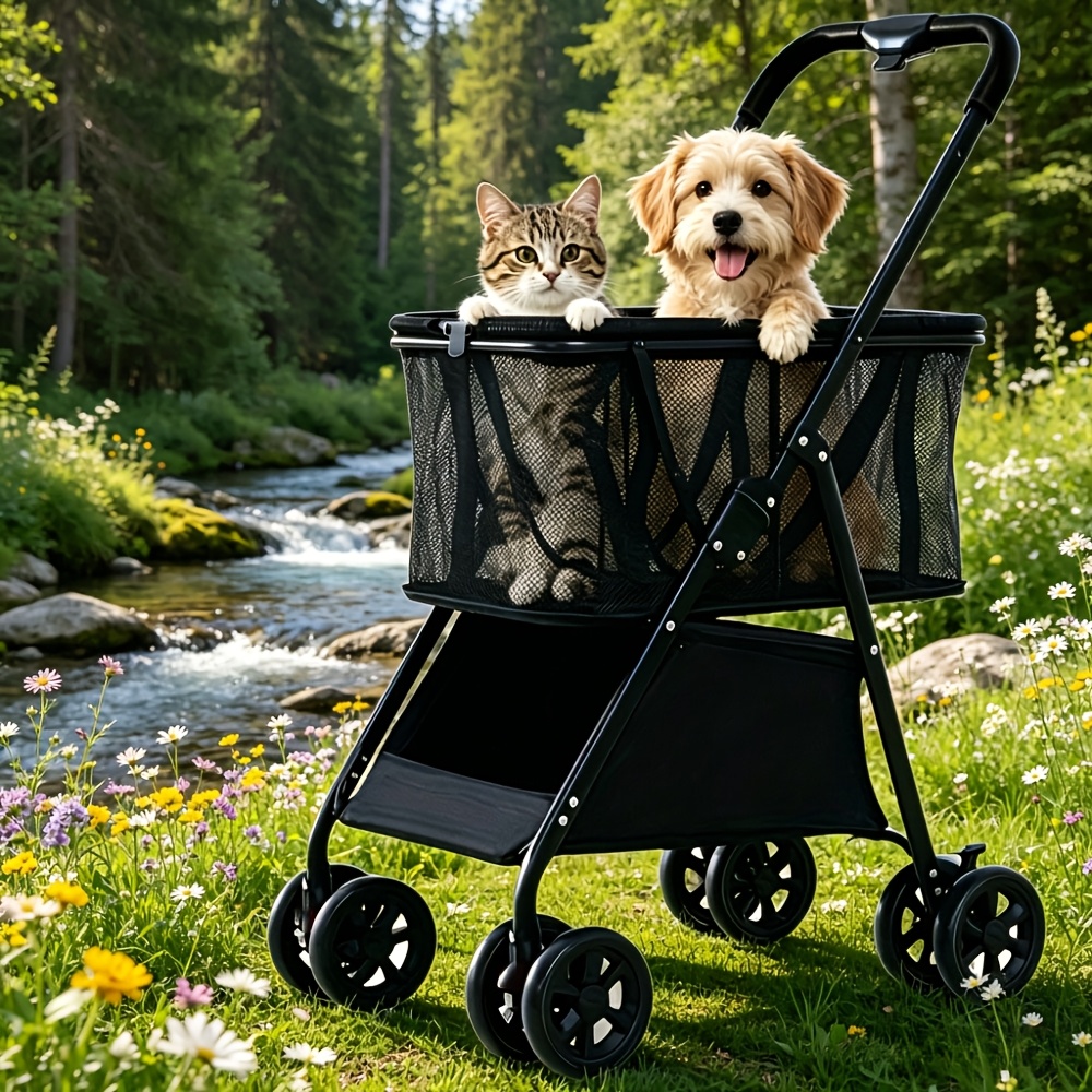 item picture foldable portable shopping cart with 8 wheels and brakes removable shopping bag and grocery basket multifunctional utility cart for shopping camping and pet stroller large capacity for daily use