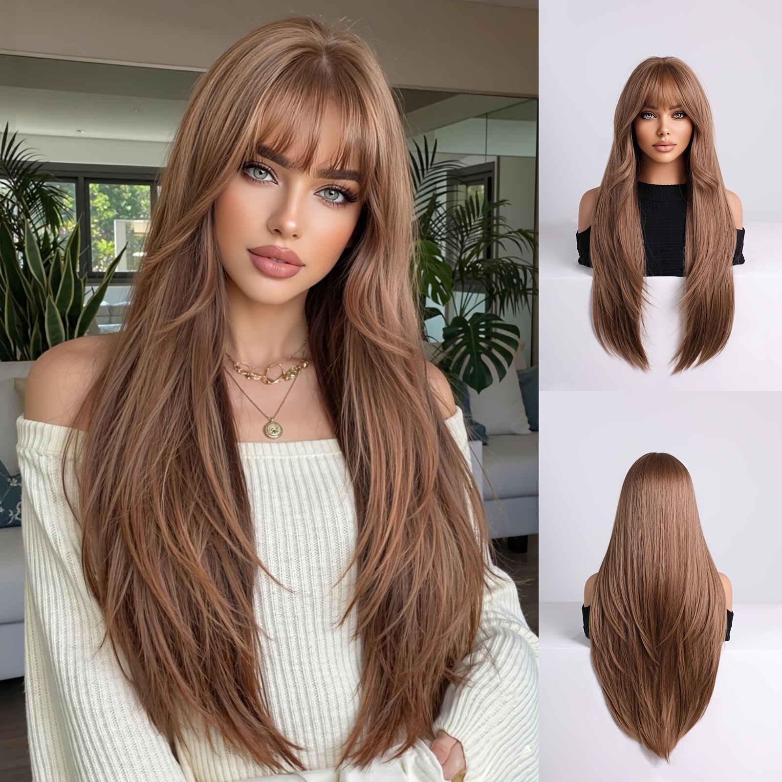 TEMU New Product Launch: 24-inch Extra-long Straight Brown Wig With Bangs, Heat-resistant, Daily-wear Wig