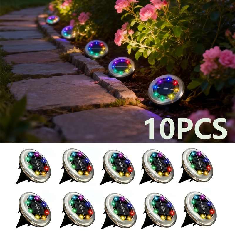 10pcs Ip44 Solar Powered Outdoor Ground Lights Led For Garden Pathway Driveway,rgb Light