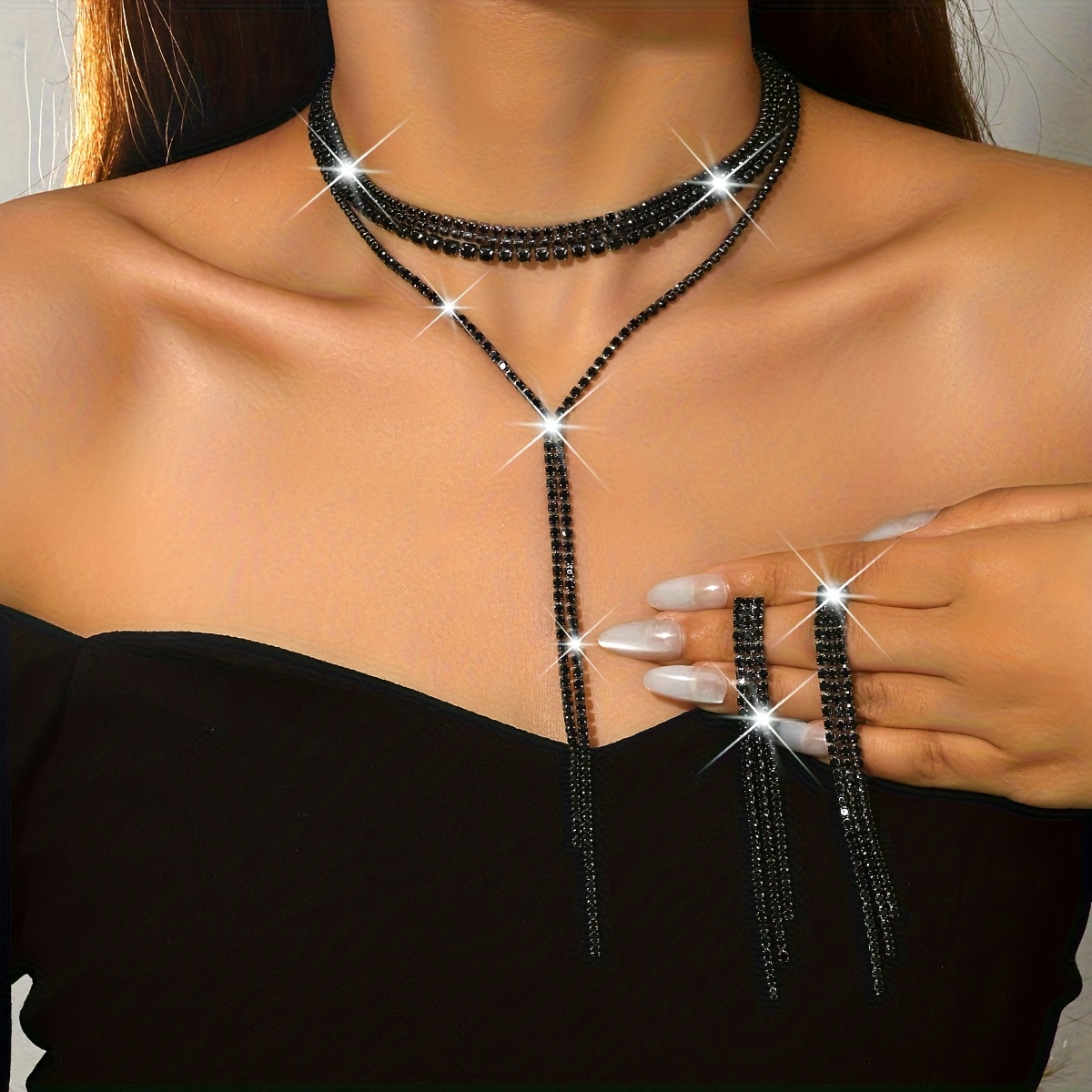 Image of Black Rhinestone Jewelry Set: Necklace + Earrings Combo, Party Nightclub Luxury Accessories