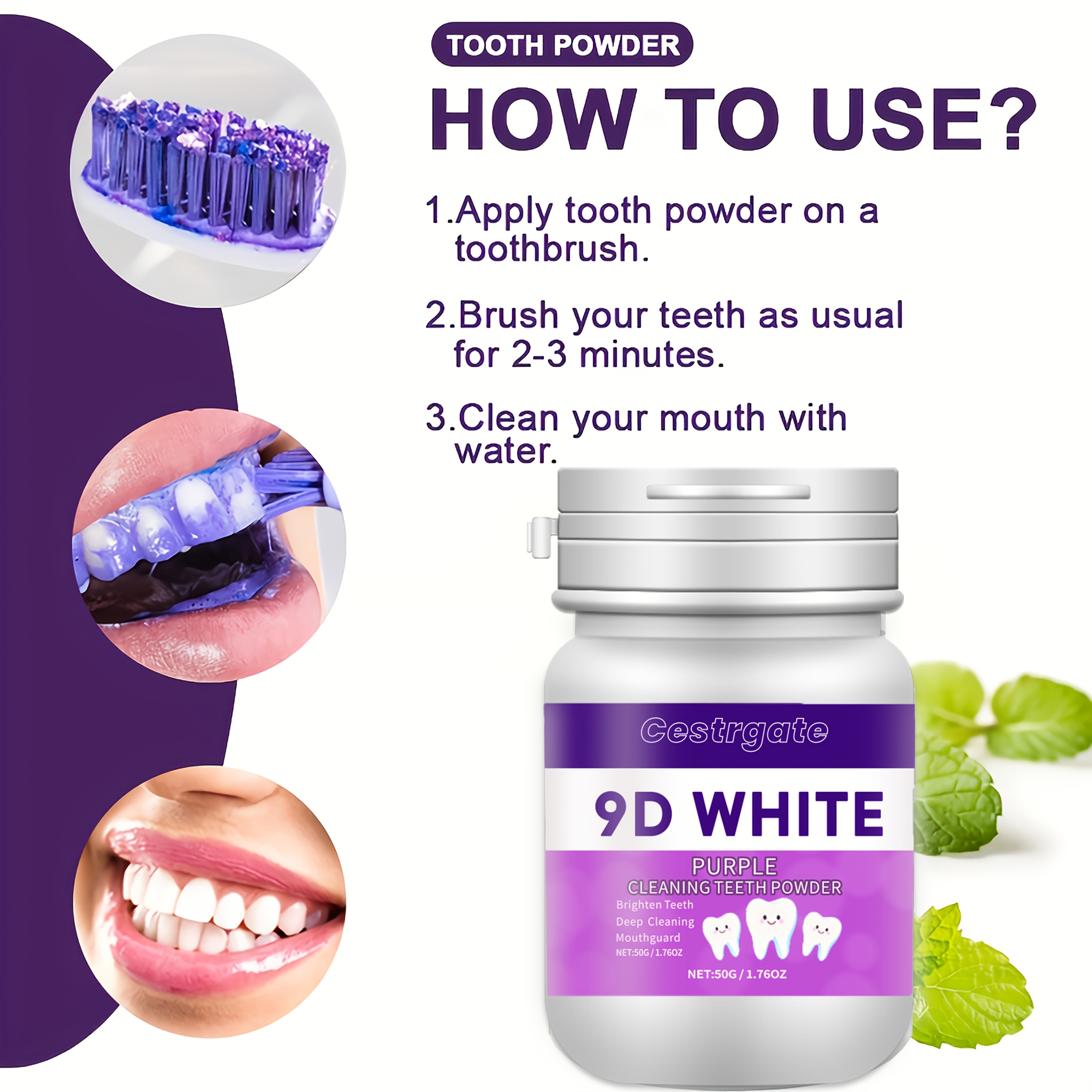 9D Purple Teeth Whitening Powder for Deep Cleaning