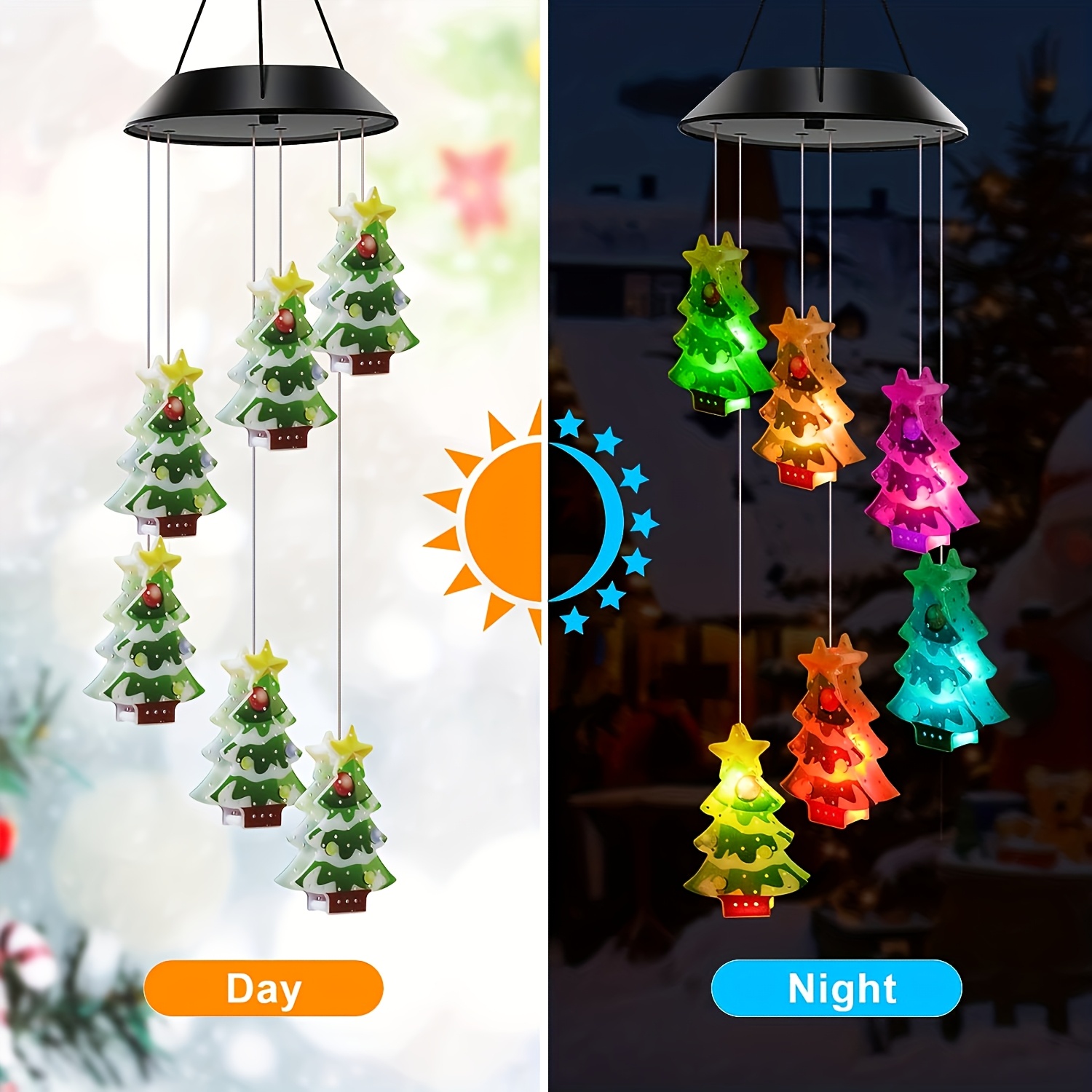 Colorful Christmas Tree Solar Lights, Outdoor Led Wind Chime Decor For Patio, Balcony, Party, Yard & Garden - Pendants & Drops With Finials