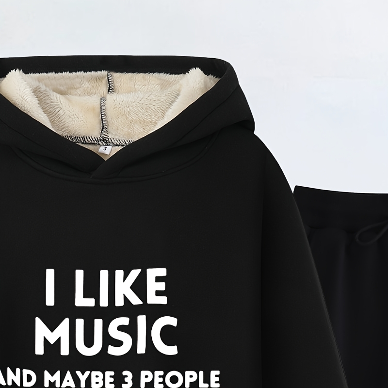 

Korean And Casual Women's Clothing, A Hooded Sweatshirt With Music Text Printed, With Lamb Fleece Pants.