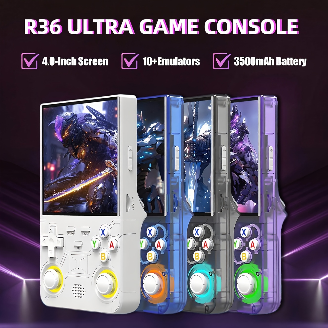 FETIOST R36 Ultra Handheld Game Console - 4-inch HD Screen, 64GB/128GB Storage, 3500mAh Battery, 10+ Emulators (PS2/PS1/N64/GBA/PSP/PC/), Dual 3D Joysticks, Portable Gaming System for PC-Free Play (White/Purple/Blue/Black)