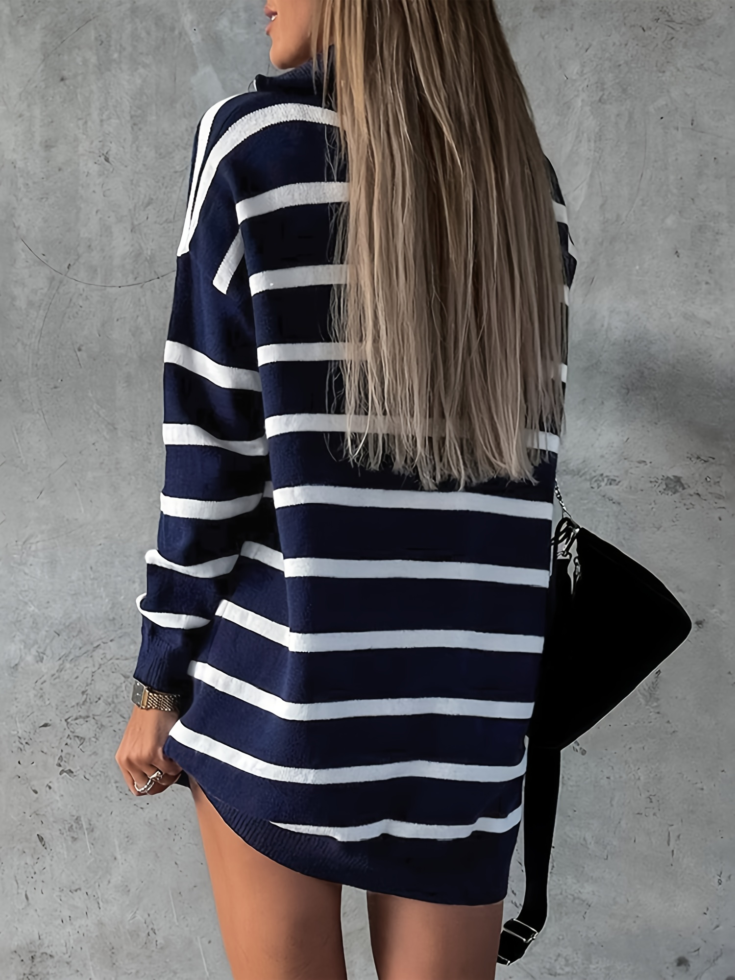 womens striped knit dress long sleeve zip collar loose mini - Temu