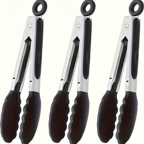 3pcs kitchen tongs 7 inch small silicone tongs with stainless steel silicon handles and nylon tips heat resistant non stick cooking tongs mini locking food tongs for cooking salad grilling and frying