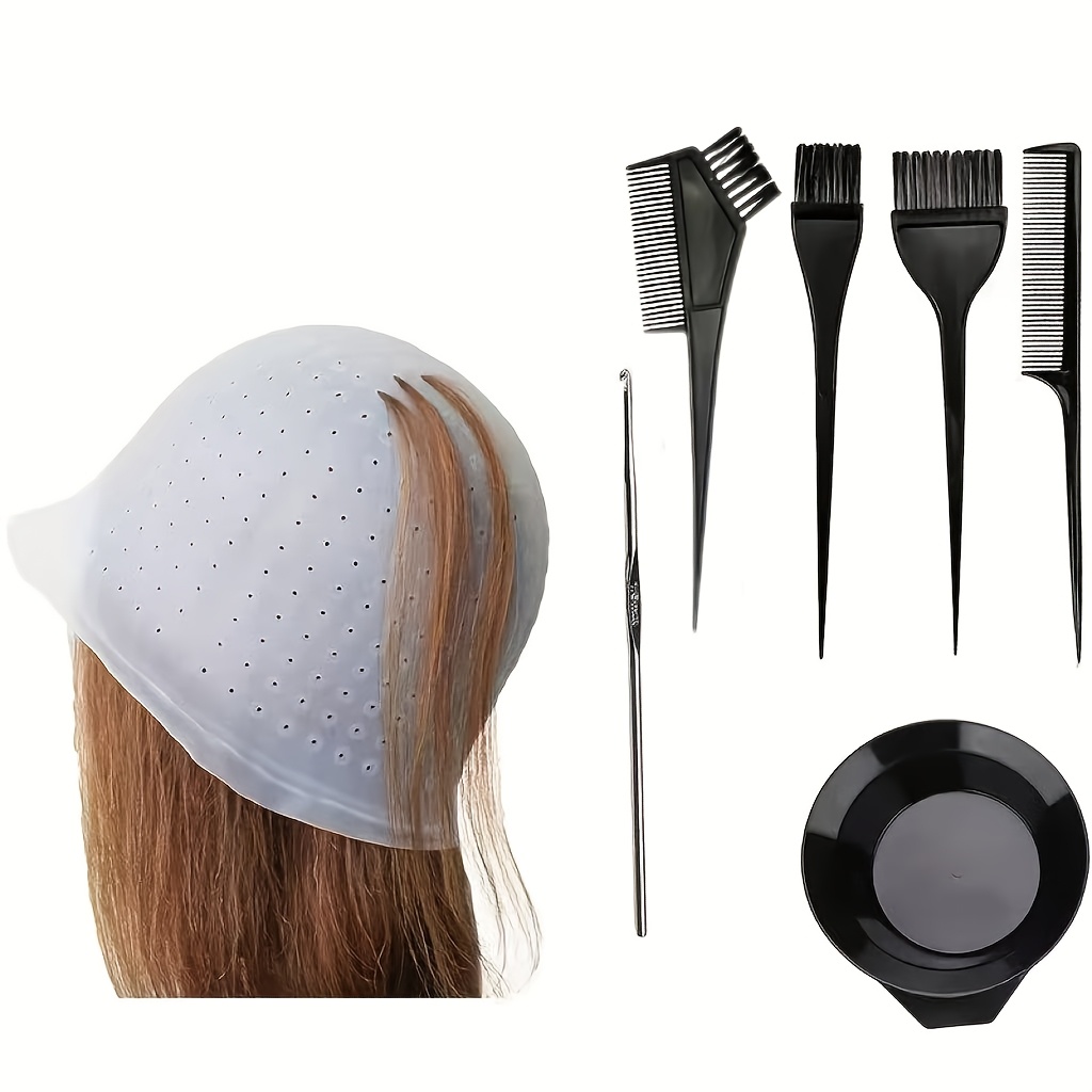 TEMU 7pcs/hair Dyeing Tool Set - Reusable Professional Hair Lightening , Bright-colored Hat With Hook, Salon Hair Dyeing Tool For Men And Women
