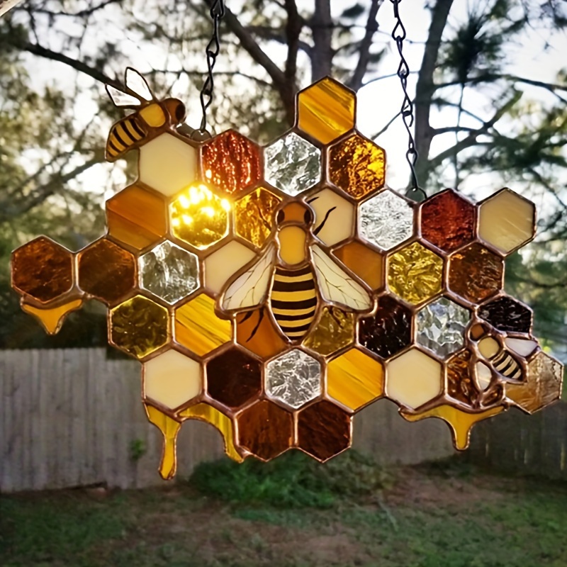 

& Honeycomb Glass Hanging Decor, 3d Stained Glass Pendant For Garden, Outdoor Wall Decor, No Power Needed, Home & Lawn Decoration