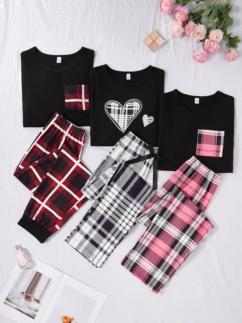 womens piece set wear heart print pockets long sleeve short sleeve top pants pajama set Product details 1