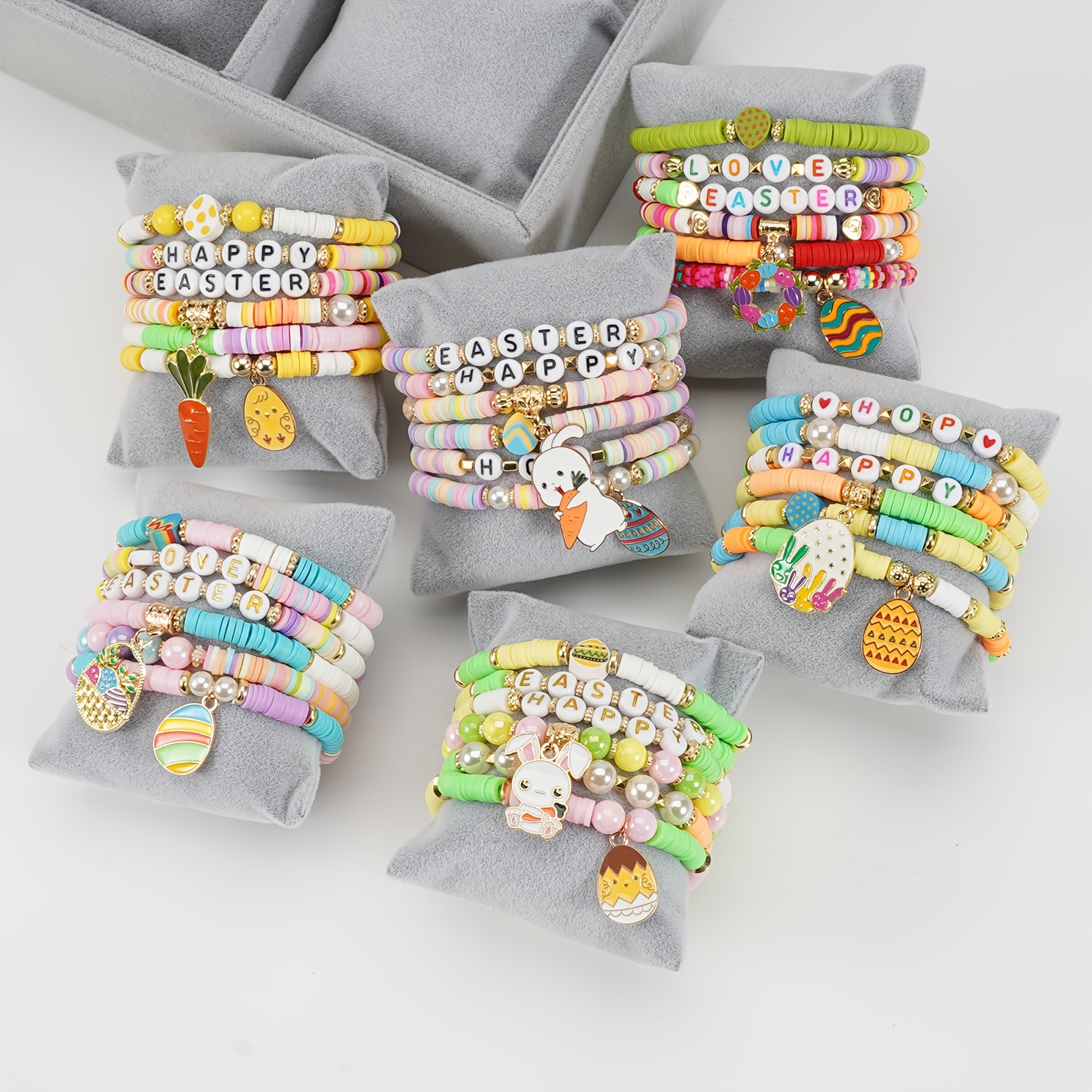 

Easter Beaded Bracelets Set, Vintage , Polymer Clay, Stretch, Egg & Bunny Charms, , Daily & Party Wear