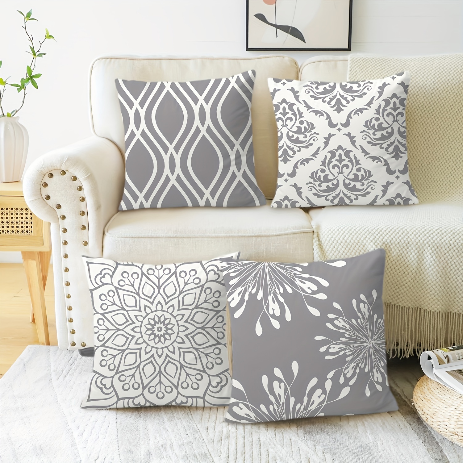 

Jit4pcs Geometric Pillowcase Sofa Decorative Pillowcase, Single-sided Printing, Modern Gray Sofa Cushion Cover Toward Living Room, 45x45cm, Set Of 4, Without Pillow Core