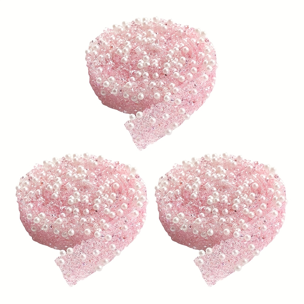 E-shop 3 Yards/3 Streifen funkelnder durchsichtiger rosa Kristallbesatz, selbstklebende Strass-Perlenrolle, funkelnde Strass-Aufkleber, geeignet für