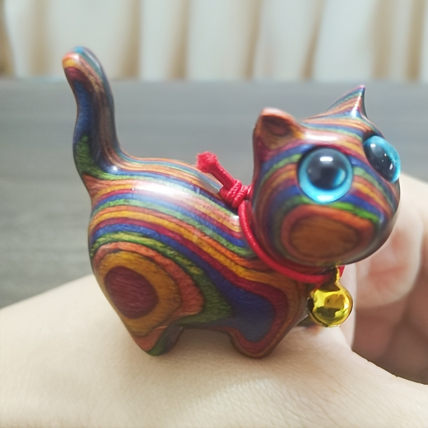 

Handcrafted Colorful Wooden Cat Figurine - Whimsical Desk Decor, Perfect Gift For Cat Lovers Cat Decor Cat Accessories