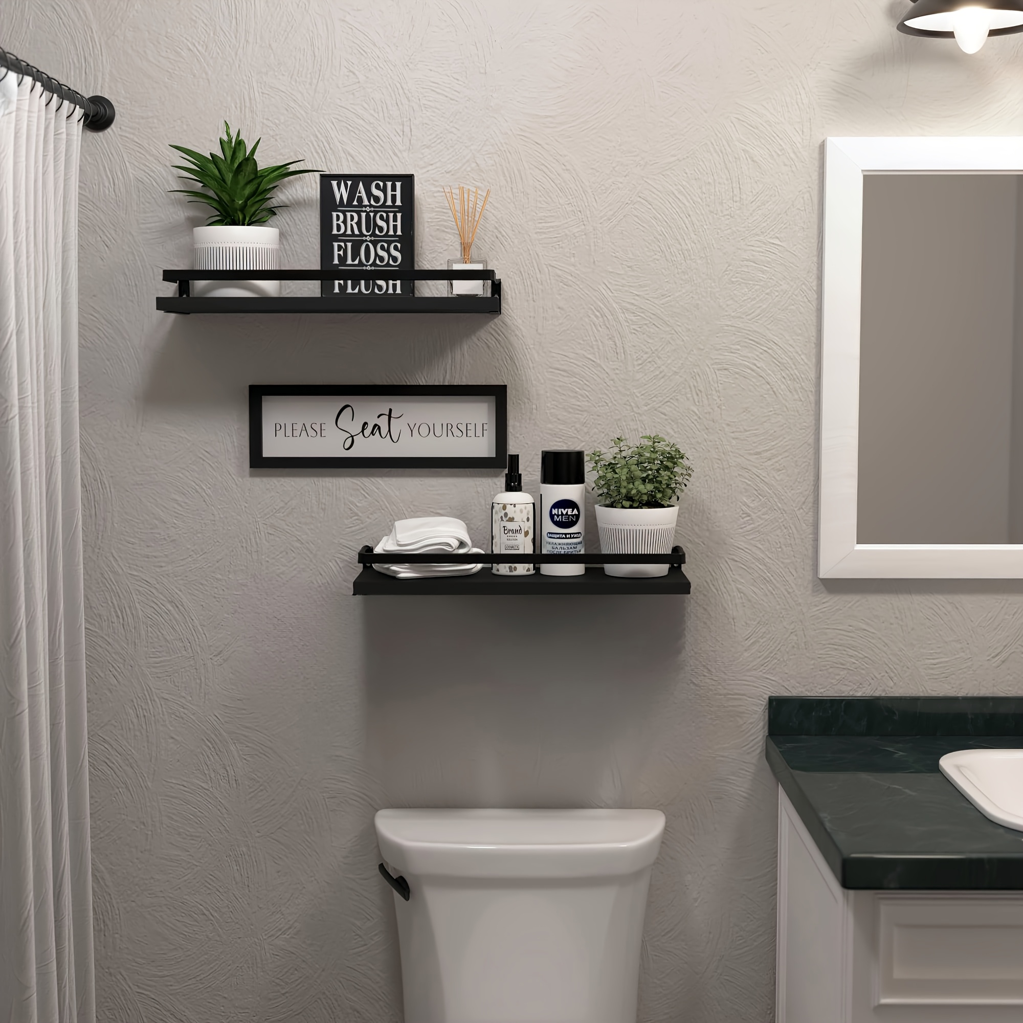 black floating shelves with wire storage baskets ideal for wall decoration and organization in bathrooms living rooms kitchens and bedrooms