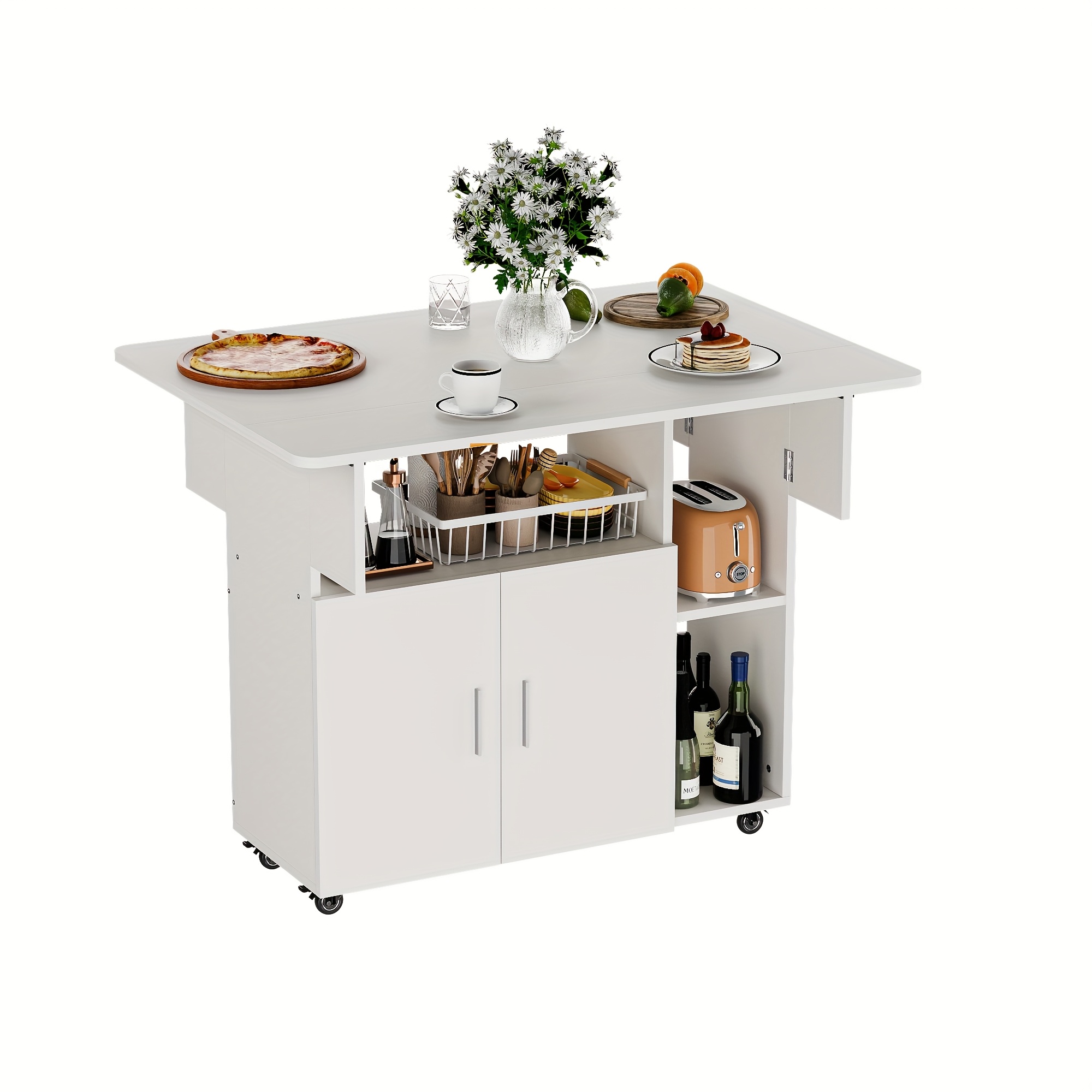 Mobile Folding Dining Table Foldable Side Table Wood Folding Table With Wheels Movable Table With Door Cabinet Open Shelf Wood Dining Table For Room Bedroom Bedside Table White