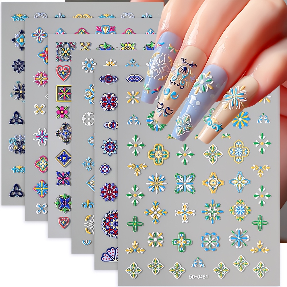 6sheeets 5d Embossed Bohemian Nail Stickers,colorful Flower&love Pattern Self-adhesive Nail Stickers,diy Nail Art Decorations For Daily Salon , Nail Art Decals Supplies For Women And S