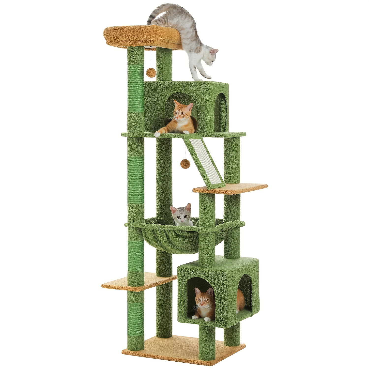 

Cat Tree, 71-inch Cat Tree Cat Tower For Indoor Cats, Plush Multi-level Cat Condo With 1 Perches, Basket, 2 Caves, Hammock, 2 Pompoms, Green