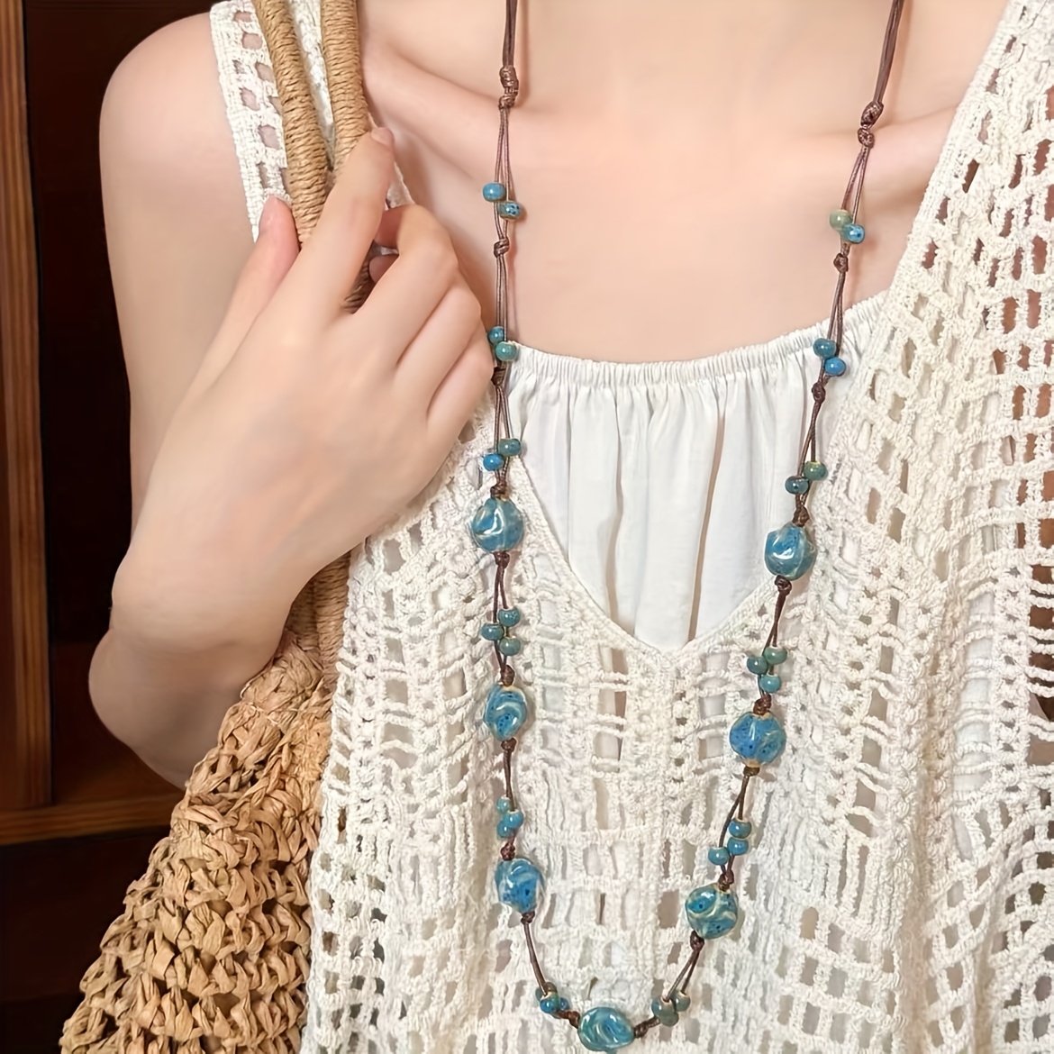 Image of 1pc New Women's Easy Long Beaded Woven Rope Ceramic Necklace Retro Autumn Winter Long Sweater Chain Daily Party Holiday Gift