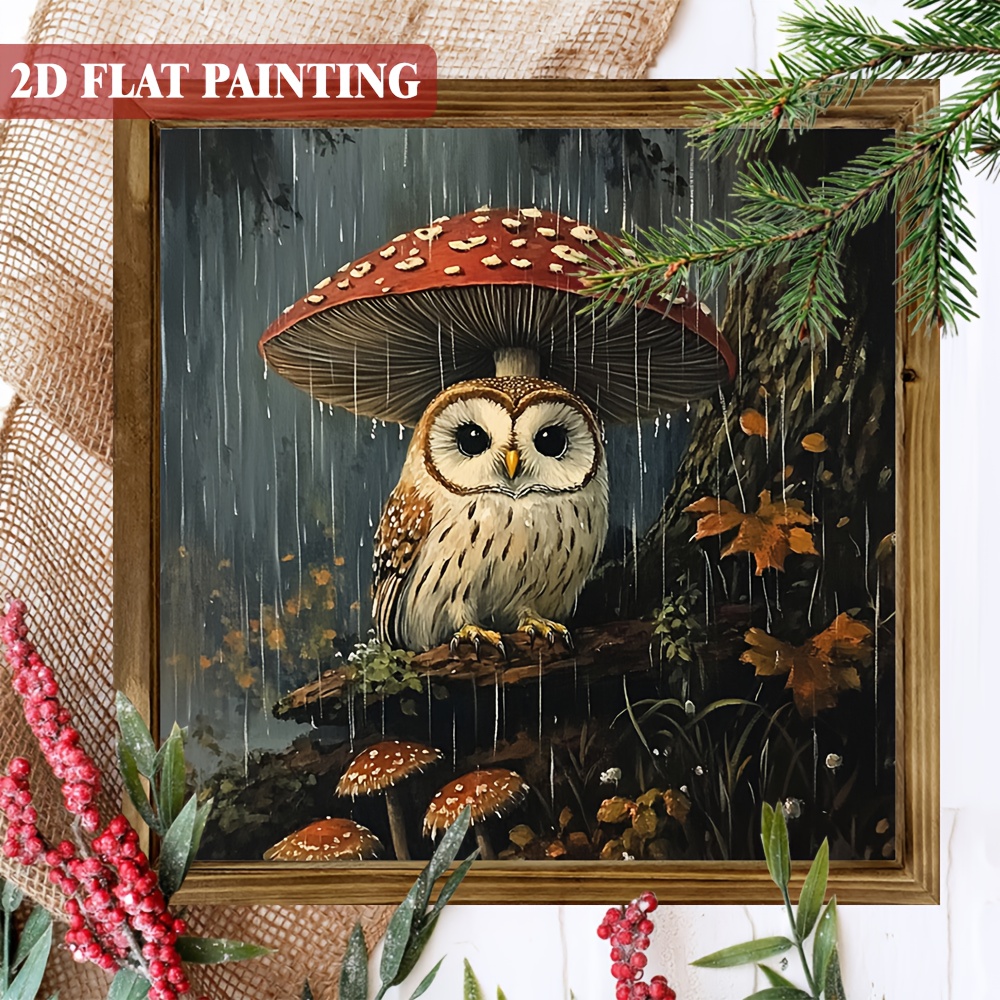 TEMU 2d Flat, 1pc Rustic Owl & Red Mushroom Rain Art Wooden Sign - 8x8 Inch Framed Wall Decor With Design, Handcrafted Look Weather-resistant Wood