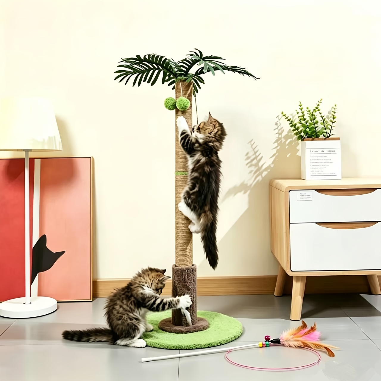 Cat Scratching Post, 92cm Tall Scratch Tree With Premium Sisal Rope, 2 Interactive Dangling Balls Extra A Cat- Stick