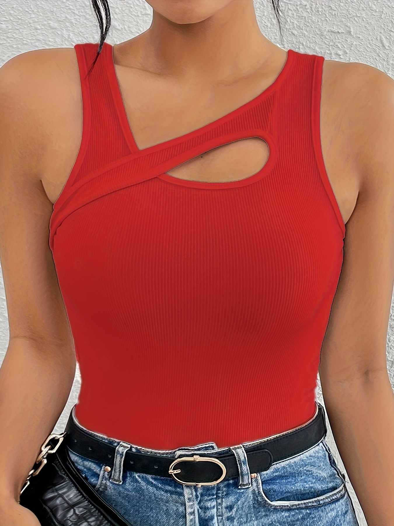 Women's Sexy Slim Fit Sleeveless Boat Neck Tank Top - Stretchy Knit Fabric with Keyhole Cutouts, All-Season Versatile Wear, Machine Washable Solid Color, Ladies Tank Tops