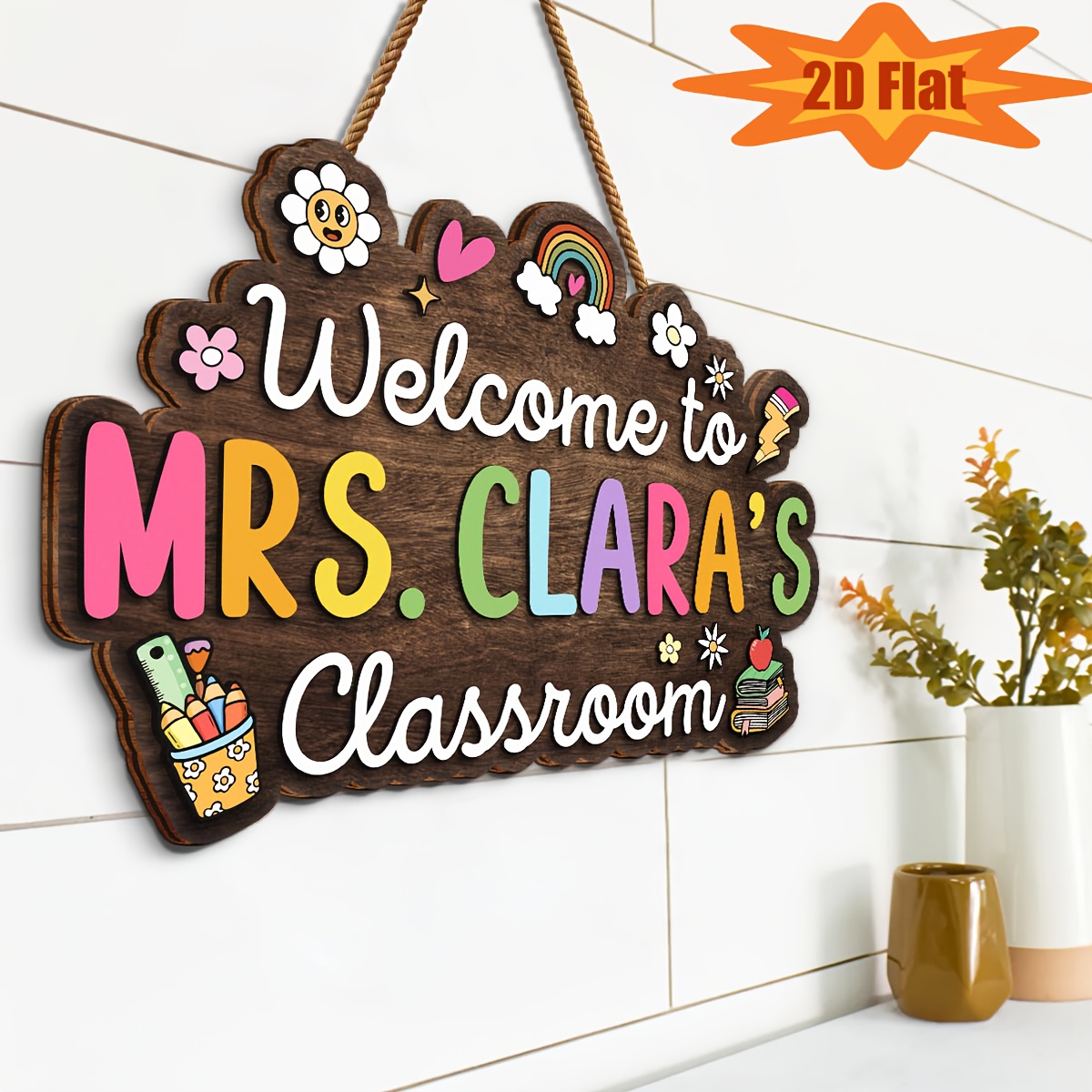 welcome to mrs   classroom personalized wooden door sign with rainbow pencils and books ideal for teacher appreciation back to school decor customizable home and classroom decoration classroom decor