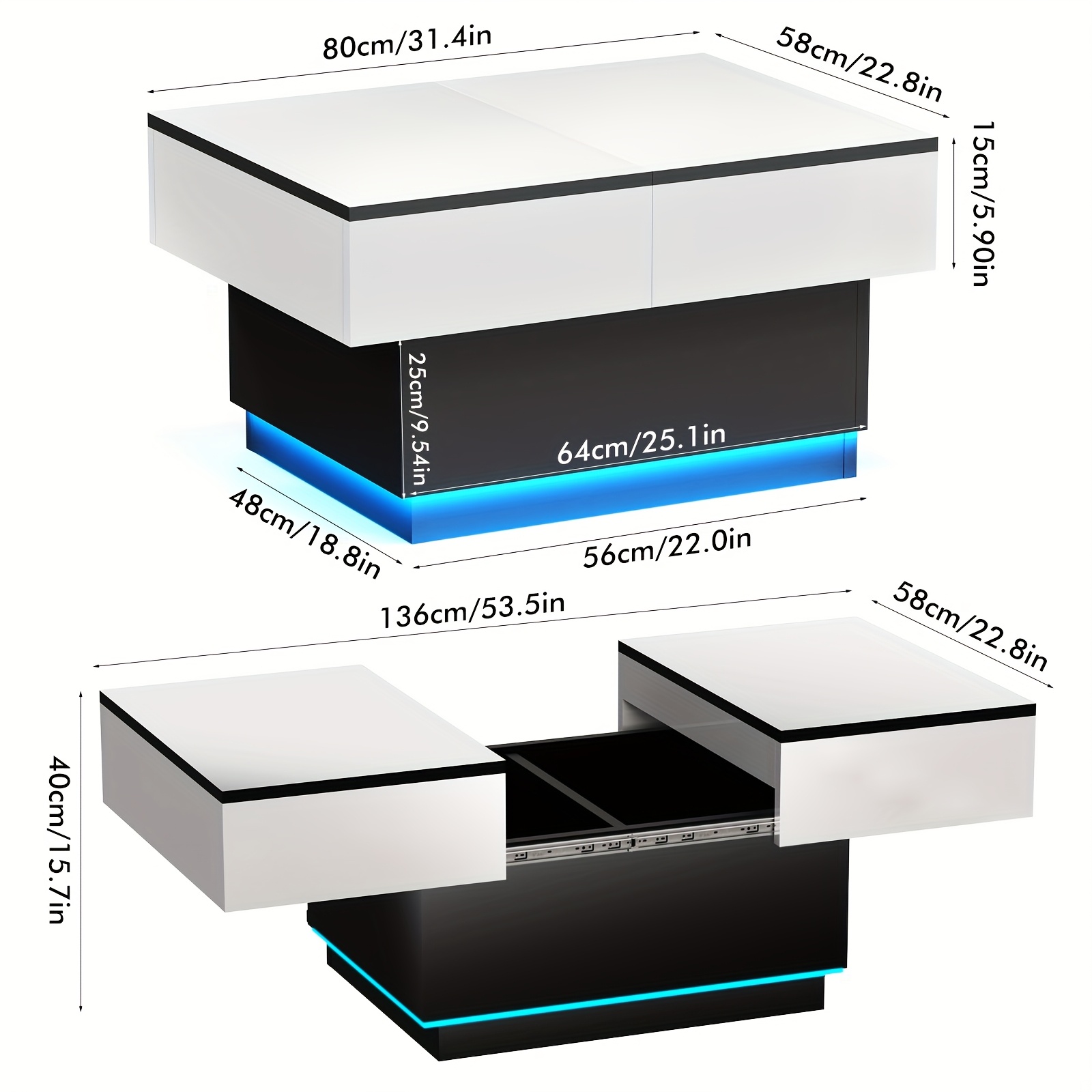 Modern Coffee Table With Rgb-color Led Lighting | Modern Black And White Hidden Storage Drawers And Sliding Top | Space- Room | Black And White