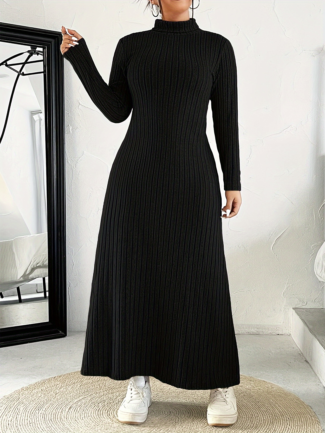 womens plus size ribbed knit dress high neck long sleeve - Temu Italy