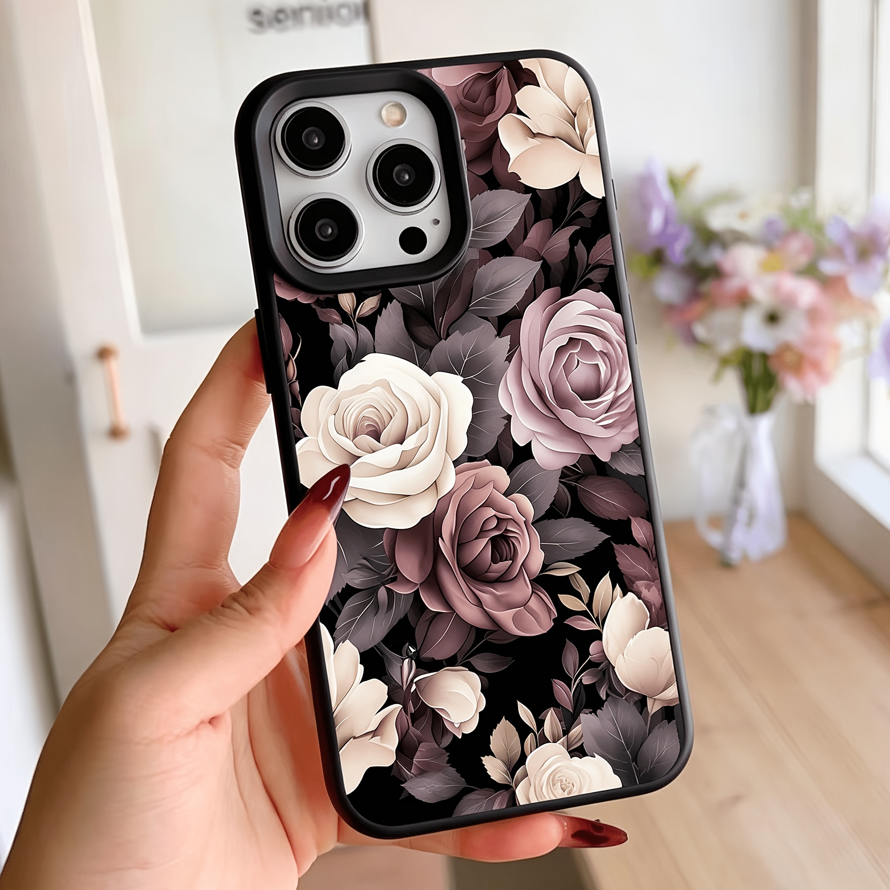 Image of Phone Case - Floral Case With Matte Black Edges - Anti-slip And Drop-proof Shockproof Protection, Skin-friendly Grip - Fits Iphone 11 12 13 17pro All Models