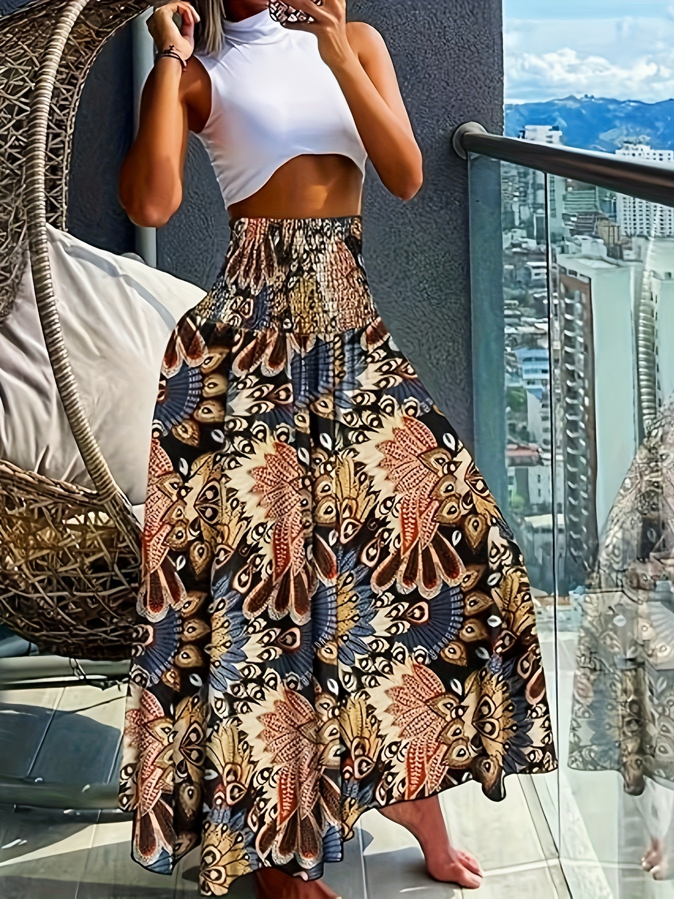 floral print wide leg pants boho shirred waist floor length