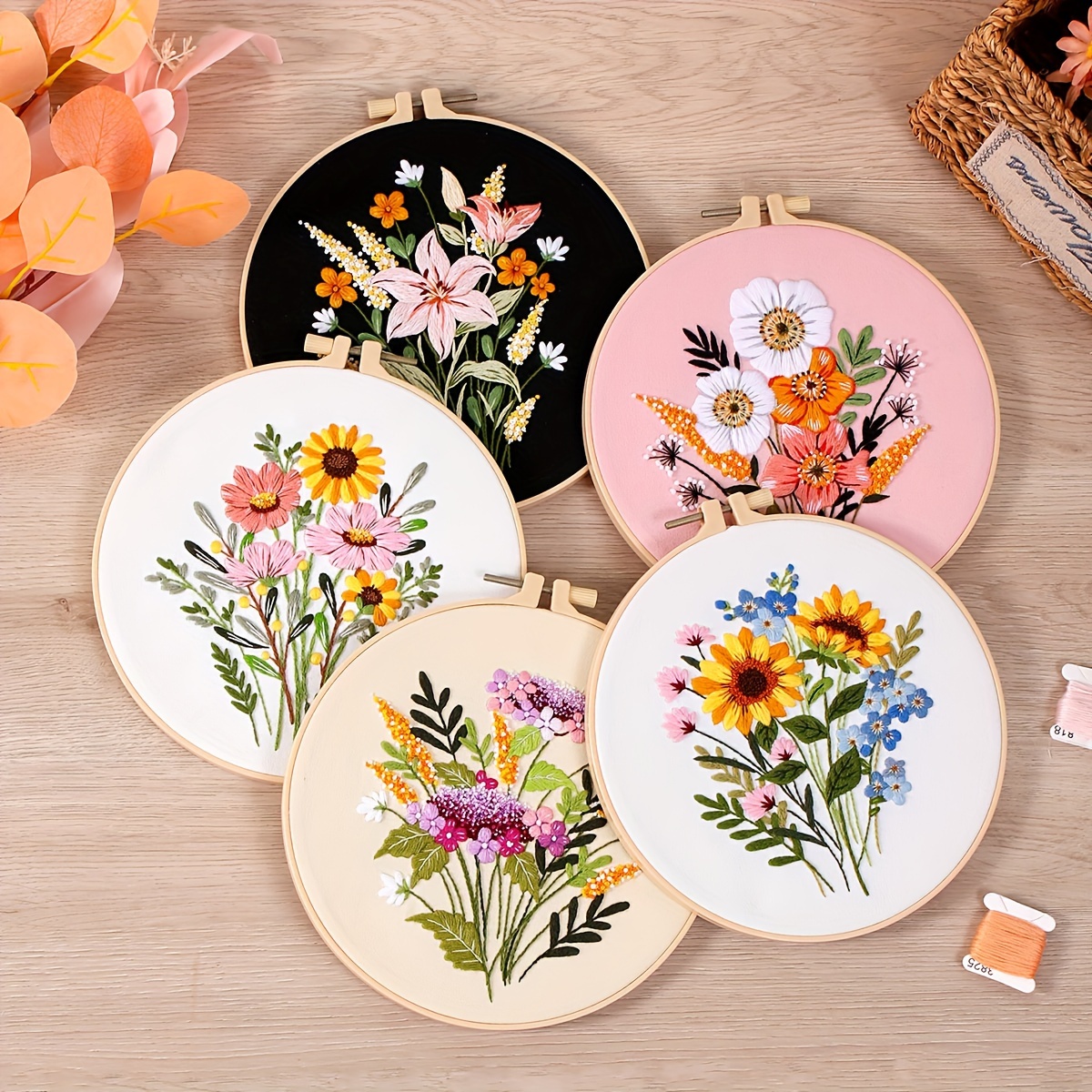 

5pcs Embroidery Kits With Hoop, Sunflower Floral Garden Design, Polyester Mixed Color Flower Theme, Includes Patterns, Threads, Needles, And Instructions For All Seasons Crafting