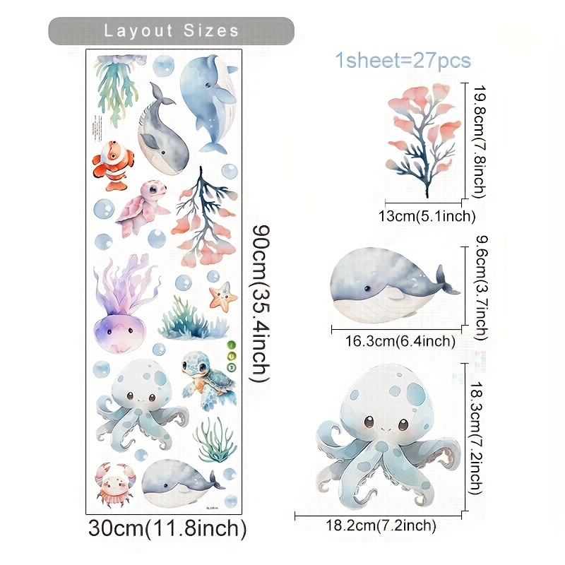 1pc Watercolor Cartoon Cute Marine Animals Whale Wall Sticker Vinyl Bedroom Wall Decal Home Decor