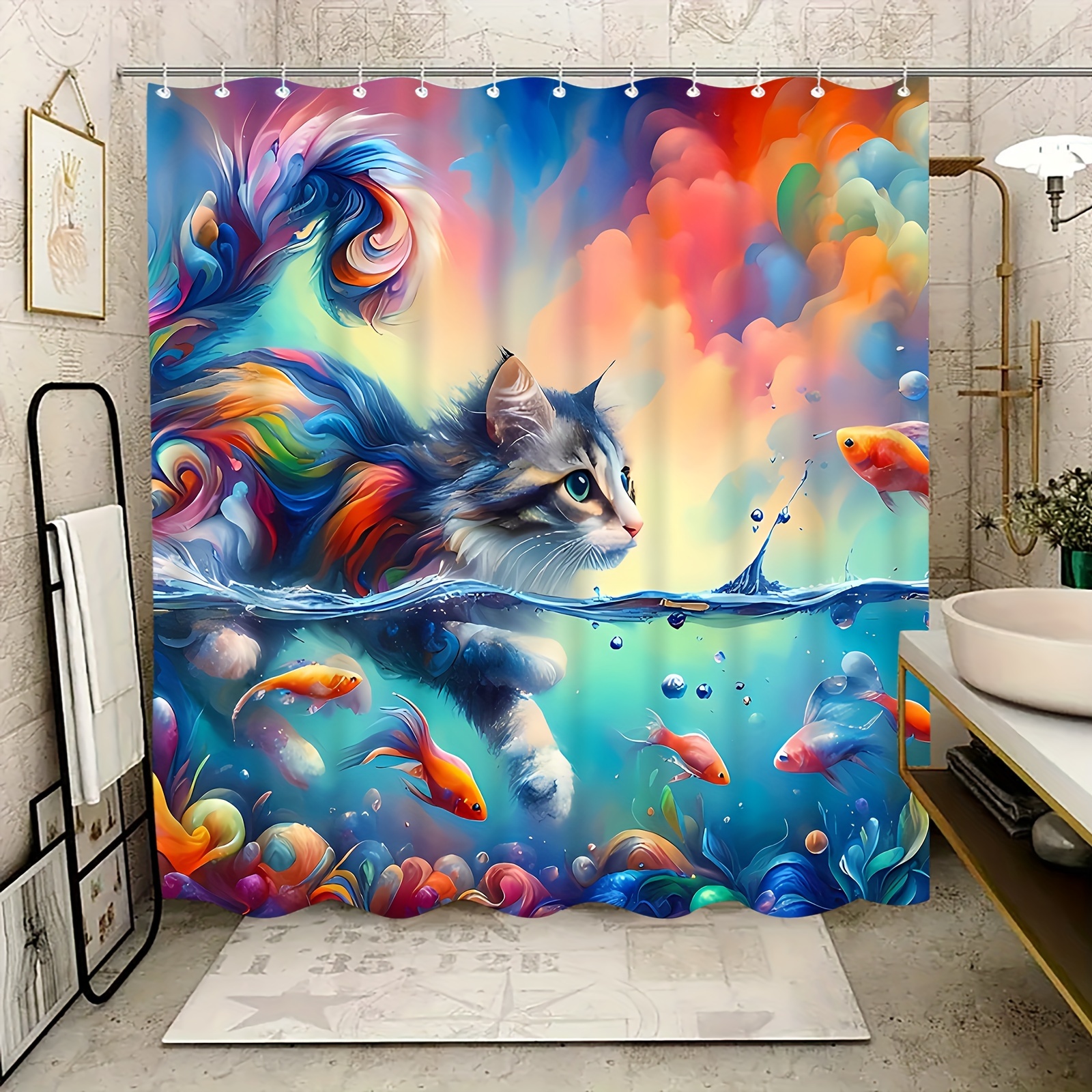 

Colorful Cat & Goldfish Shower Curtain - Waterproof, Knit Polyester, Includes Hooks - Whimsical Bathroom Decor