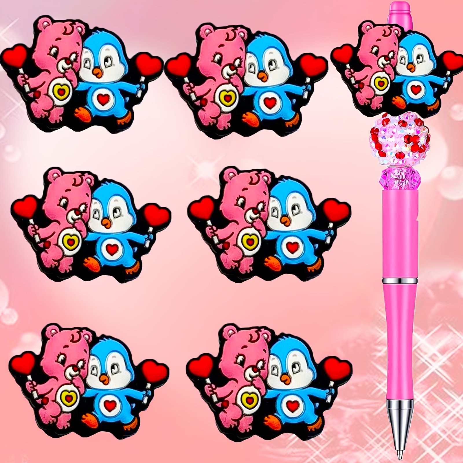 

6pcs & Bear Silicone Beads - Valentine's Day Diy Crafts - Includes Pink Beaded Pen, Necklace, Bracelet, Keychain - Cute Cartoon-style Home Decor & Jewelry Making Kit, Heart, Diy Crafts