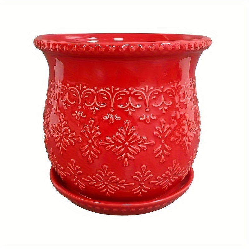 

8inch Hand Painted Red Stoneware Planter With Embossed Timeless Geo Pattern - Elegant And Durable Planter For Flowers, , And Succulents - Ideal For Indoor And Outdoor Use