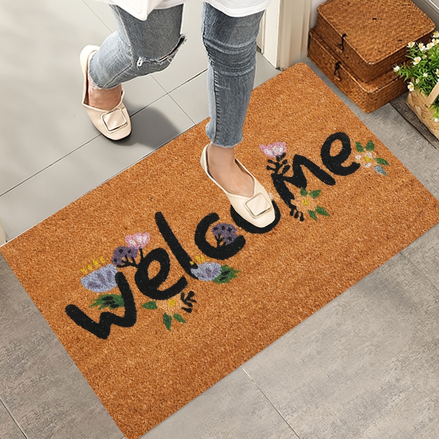 

Floral Welcome Doormat, Non-slip, Stain Resistant, Low Pile, Machine Washable, Rectangle Polyester Entrance Mat With Machine Indoor/outdoor