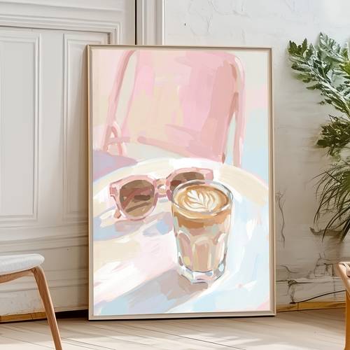 2d flat 2d flat 1pc unframed canvas wall art poster and prints coffee sunglasses print pink chair poster pastel cafe wall art for living room bedroom home decor