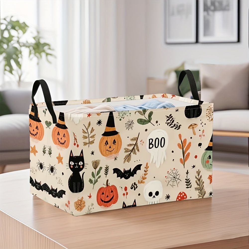 TEMU 1pc Foldable Storage Basket | For Halloween Cat Pumpkin Boo Print, Square Storage Box, Ideal For Halloween Table Decorations, Autumn Party