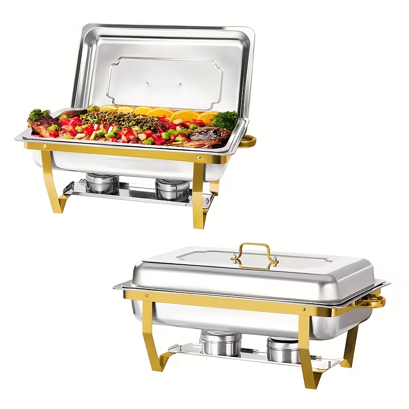 Image of Rectangular Silvery Chafing Dishes For Buffets, Made Of Stainless Steel, Ideal For Keeping Food Warm At Banquets And Catering Events, Designed For Cooking. ( Cooking)