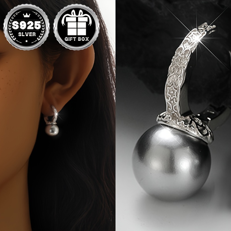 

1pc Elegant Chinese Style S925 Sterling Silver Hoop Earrings With Grey Shell Pearl, Hypoallergenic Shell Pearl Pendant Earrings, Ethnic Pattern, 3g/0.11oz Women's Shell Pearl Earring Jewelry